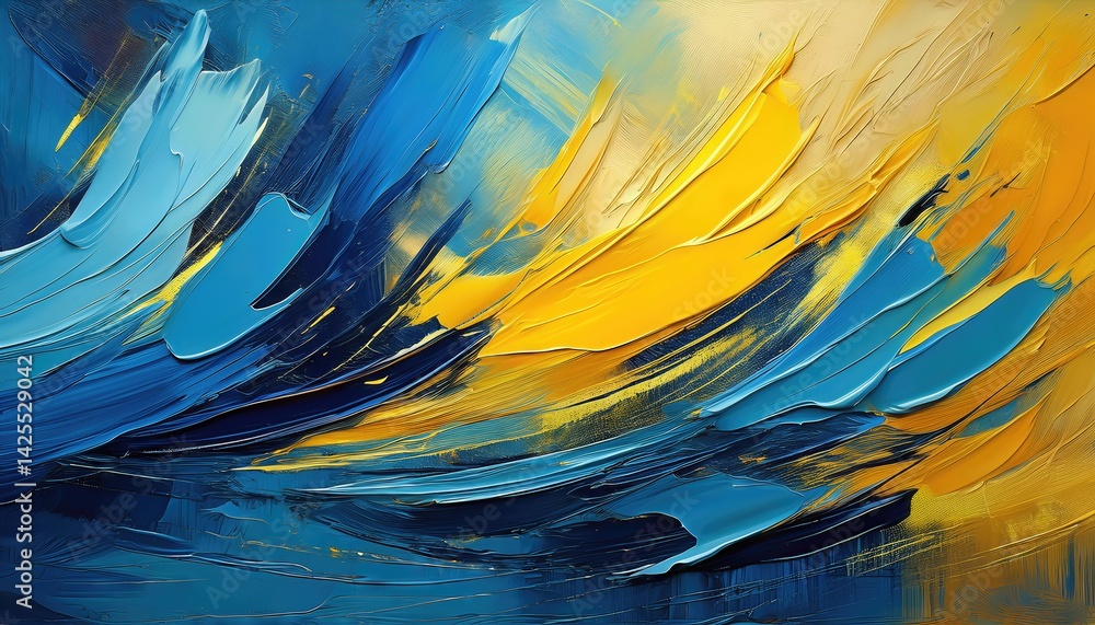 Poster dynamic abstraction sharp blueyellow brush strokes on textured background, illuminating a vibrant ar