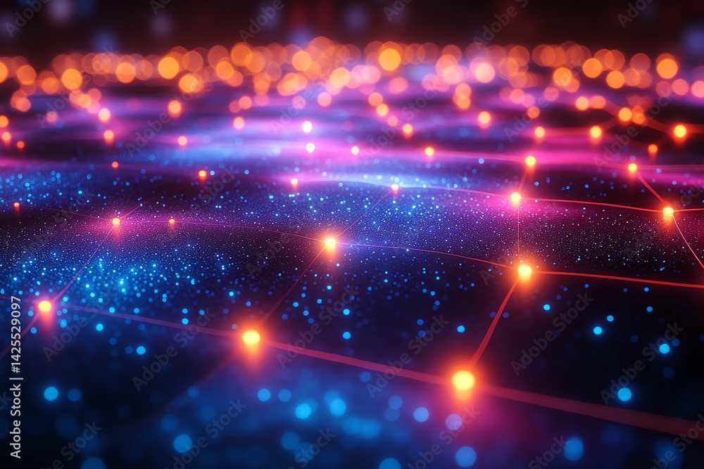 Poster A vibrant digital network representing connections through glowing nodes and lines in a futuristic abstract design.