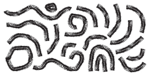 Collection of curved bold lines, arches and circular brush strokes. Hand drawn thick rough lines, swirls. Abstract modern vector squiggles. Scribble doodle stroke for collages and design, Vector eps10