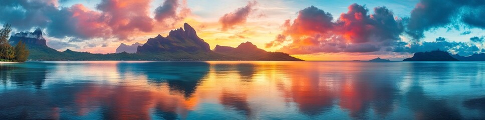 Obraz premium Panoramic view of a colorful sunset over a calm sea or lake, with a mountain range in the background. Wide banner panorama landscape with a beautiful sky, water, and clouds. Panoramic view of a color