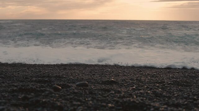 Waves Crashing on Black Sand Beach in Iceland