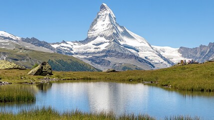Majestic mountain peak reflecting in tranquil alpine lake