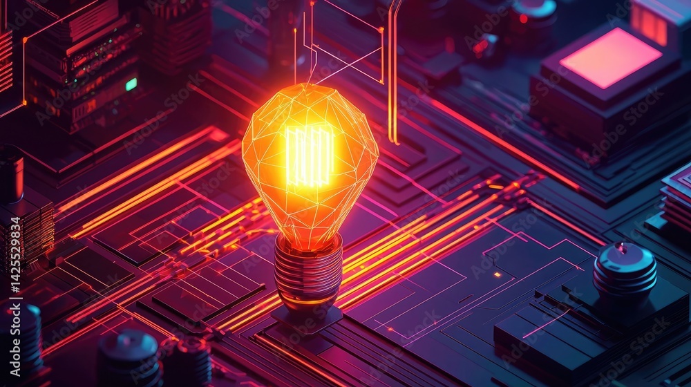 Poster polygon lightbulb in exchange network technology concept. a glowing light bulb on a circuit board sy
