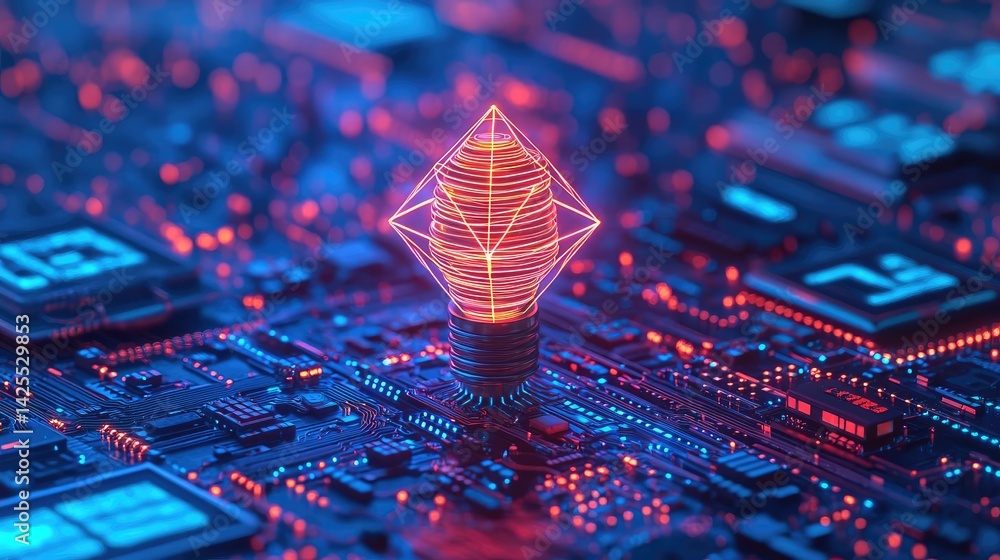 Poster polygon lightbulb in exchange network technology concept. futuristic circuit board with a glowing 3d