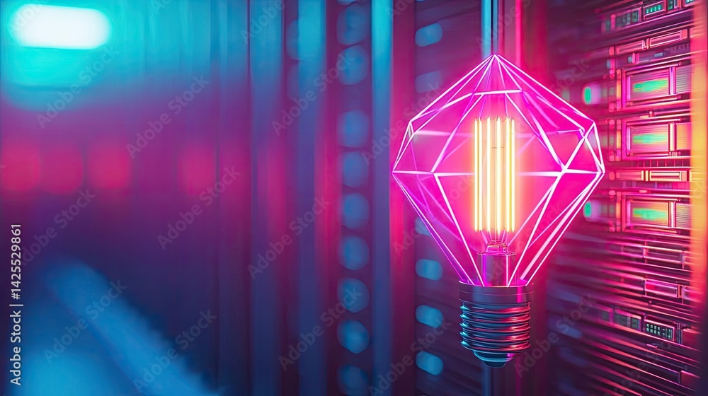 Poster polygon lightbulb in exchange network technology concept. futuristic glowing lamp in a data center w