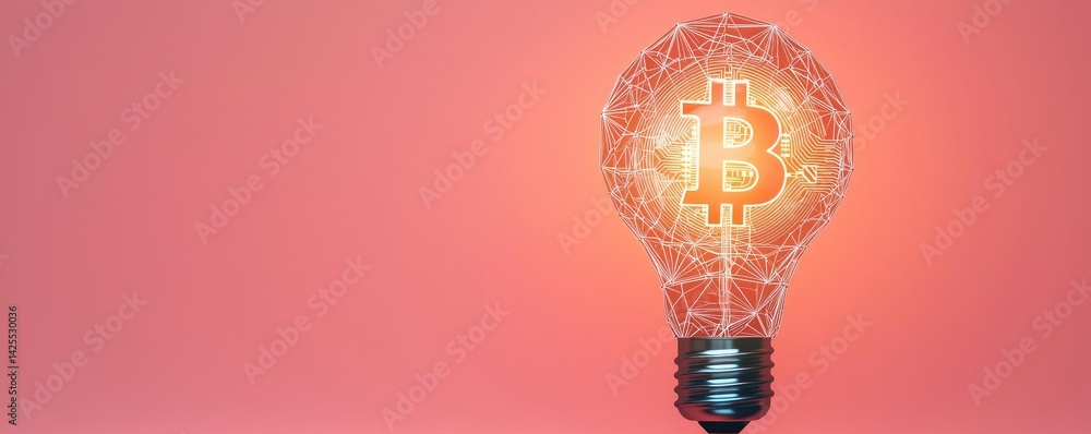 Poster polygon lightbulb in futuristic blockchain lamp concept. a glowing light bulb symbolizing bitcoin in
