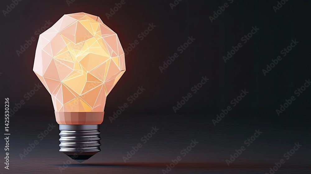 Poster polygon lightbulb in futuristic blockchain lamp concept. stylish polygonal light bulb design on dark