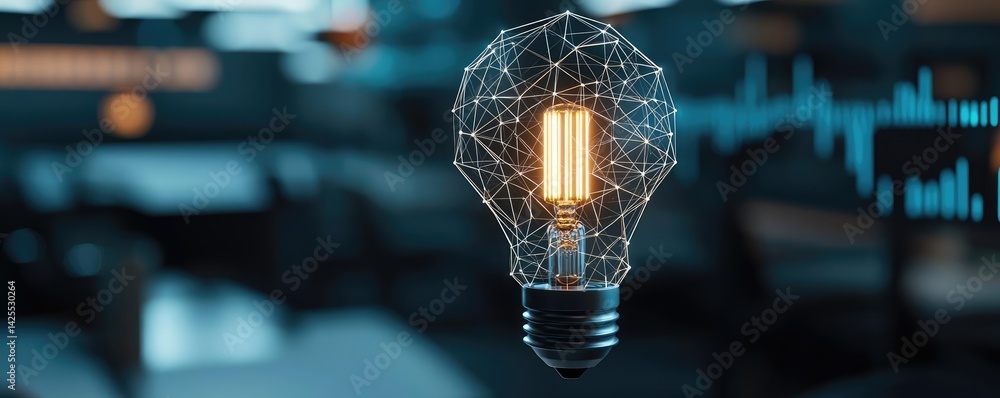 Poster polygon lightbulb in futuristic blockchain lamp concept. a modern light bulb with digital design, sy