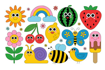 Fun cartoon set featuring a smiling sun, rainbow, fruits, flower, insects, snail, bird, and popsicle.