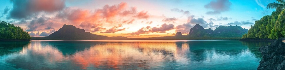 Fototapeta premium Panoramic view of a colorful sunset over a calm sea or lake, with a mountain range in the background. Wide banner panorama landscape with a beautiful sky, water, and clouds. Panoramic view of a color