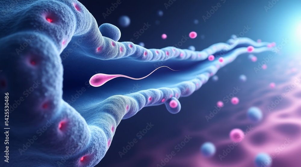 Poster ivf and sperm concept, microscopic view of cells with vibrant colors and dynamic movement.
