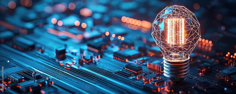 Poster polygon lightbulb in futuristic blockchain lamp concept. a glowing light bulb on a circuit board sho