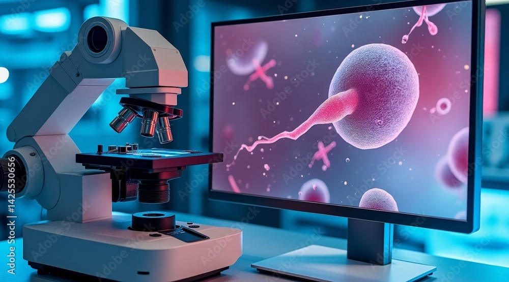 Poster ivf and sperm concept, high-tech microscope and monitor displaying microscopic biological images.