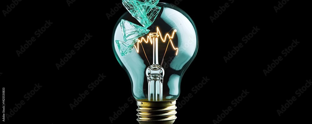 Poster explosion of lightbulb with invention and creativity concept. a broken light bulb shattered into pie