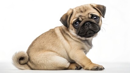 Obraz premium Adorable pug puppy, sitting pose, studio lighting, white background, high detail, soft fur texture, wrinkled face, big eyes, fawn coat, curled tail, expressive look, professional pet photography