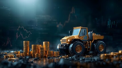 A powerful construction tractor stands amidst a towering cityscape symbolizing the growth progress and economic development driving the industry forward