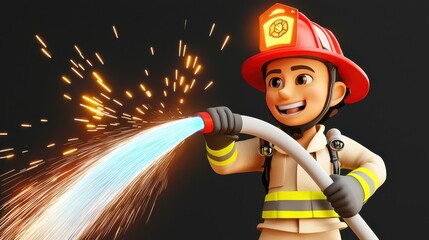 A cheerful cartoon firefighter sprays water to extinguish sparks, showcasing bravery and readiness in a vibrant, animated style.
