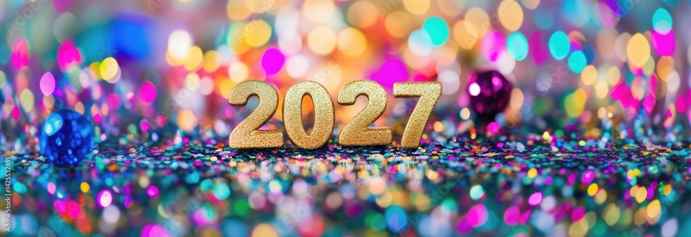 Poster shiny gold 2027 numbers surrounded by colorful confetti and sparkling bokeh lights, capturing the sp