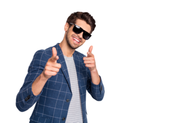 Portrait of his he nice attractive flirty coquettish cheerful cheery funny glad self-employed businessman in checked blazer pointing two forefingers at you isolated over light white pastel background