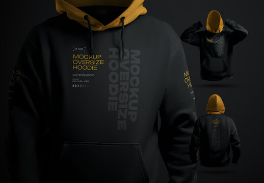 3 Hoodie Oversize Mockup, Blank Apparel With Hood and Pocket