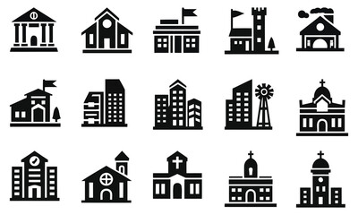 Collection of Black Building Icons Cityscape Architecture