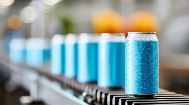 Row of blue cans are on a conveyor belt. The cans are wet and shiny. Concept of production and efficiency