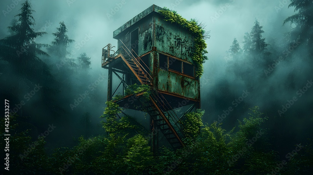 Poster a cozy and charming forest cabin nestled on a rustic wooden platform surrounded by lush greenery and