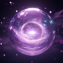 Obraz premium Purple glass bubbles, crystal, glowing core, liquid sphere, skincare essence ball, liquid oil foam, cells, science, moisture, face lifting, anti-aging, luxury, energy, drop of oil, beauty and cosmetic