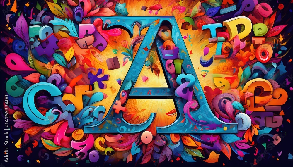 Poster a vibrant jumble of the alphabet a kaleidoscope of letters explodes in a spectrum of colors, each sy