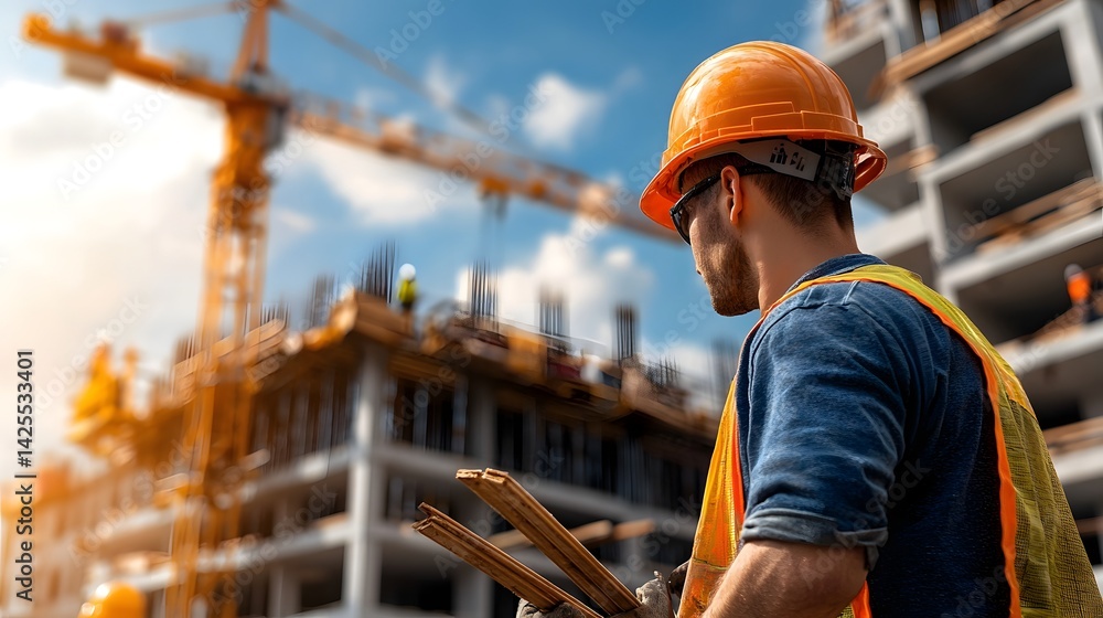 Poster a hard hatted construction worker stands on the scaffolding of a partially built multi story buildin
