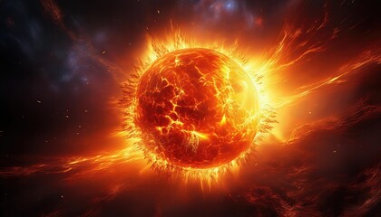Astounding Hyperrealistic Portrayal of a Sun Cataclysm, Exploding with Fire and Blazing Plumes at Twilight on February th, Majestic Display of Cosmic Fury in the Heavens Above.