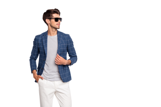 Portrait of his he nice-looking attractive content luxurious rich wealthy businessman wearing checked blazer modern cool look isolated over light white pastel background
