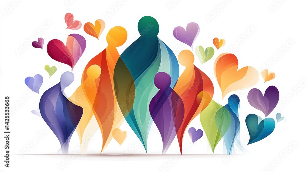 Aufkleber colorful hug icon created from abstract human shapes and vibrant hearts representing community and c