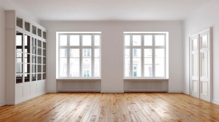 Minimalist living room with white walls and wooden floor, embodying tranquility and simplicity.