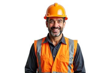 Smiling construction worker wearing orange hard hat and safety vest, confident and positive, representing skilled trades and industry labor for marketing and business use.