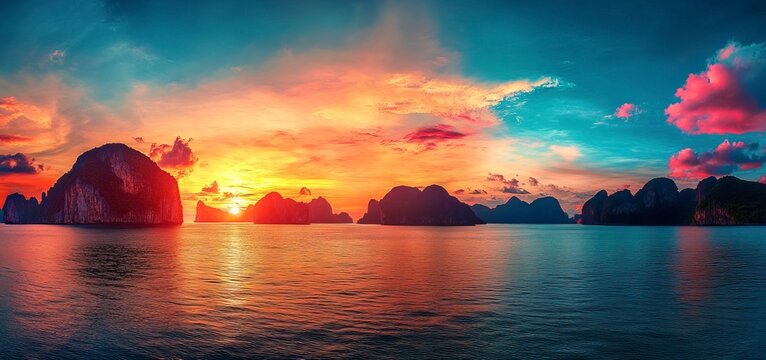 Panoramic view of a colorful sunset over the sea with mountains in Thailand, captured with a wide-angle lens, in high resolution and high definition, with sharp focus and details, no blur, and bright,