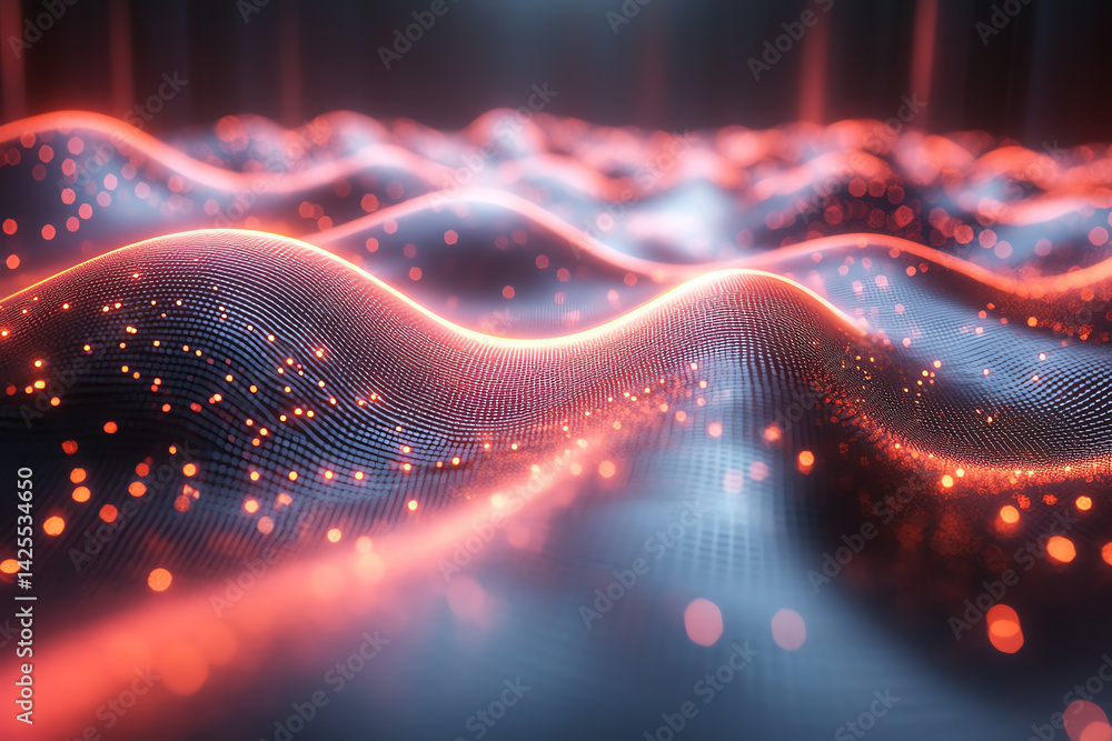 Poster abstract digital waves with glowing particles create a mesmerizing visual effect, representing innov