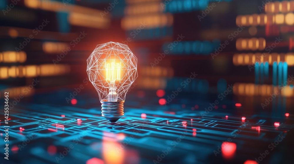 Poster polygon lightbulb in exchange network technology concept. illuminated light bulb on digital circuit 