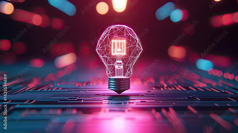 Poster polygon lightbulb in exchange network technology concept. a futuristic light bulb design illuminated
