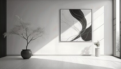 Minimalist Monochrome Sunlit White Room A Symphony of Light and Abstract Artistry, Featuring a Potted Branch, Embracing Tranquility and Serenity.