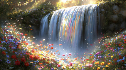 Lush, vibrant waterfall cascading into a meadow of wildflowers.