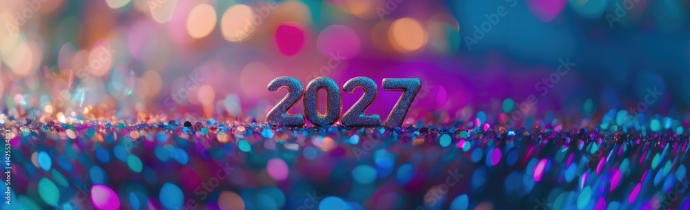 Poster glittery 2027 numbers standing on sparkling surface with colorful bokeh lights, representing new yea