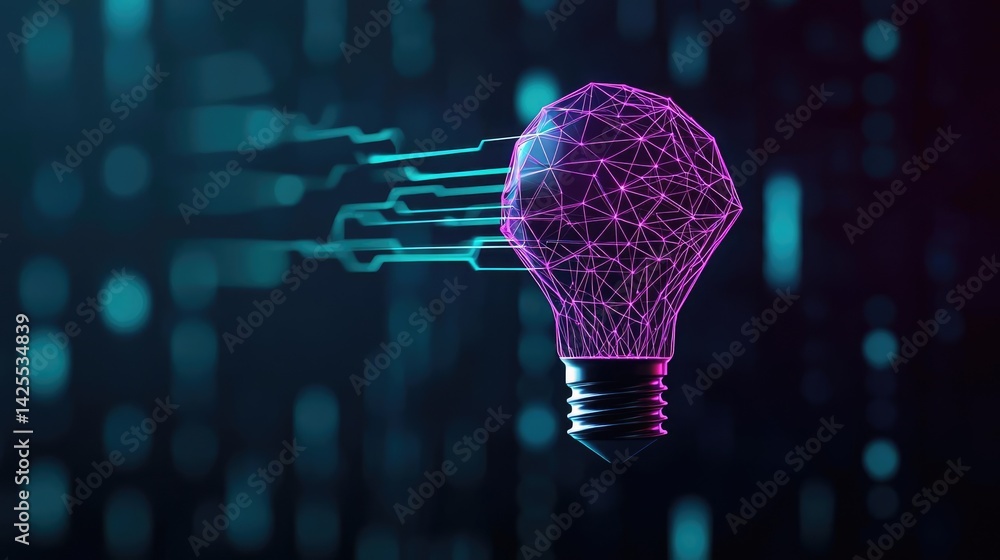 Poster polygon lightbulb in exchange network technology concept. futuristic light bulb with digital connect