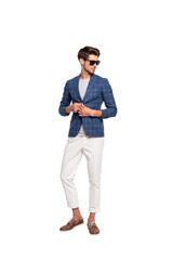Vertical full length body size view of his he nice attractive luxury rich wealthy businessman company owner founder wearing checked blazer fastening button isolated over light white pastel background