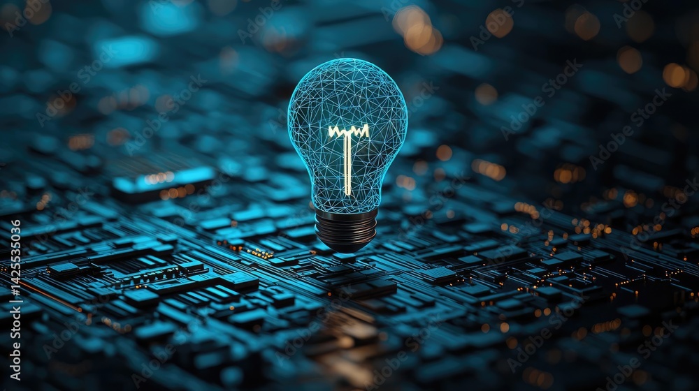 Poster polygon lightbulb in exchange network technology concept. a glowing light bulb symbolizes innovation