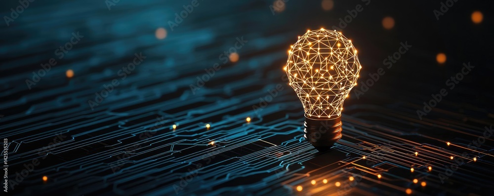 Poster polygon lightbulb in futuristic blockchain lamp concept. a glowing light bulb on a digital circuit b