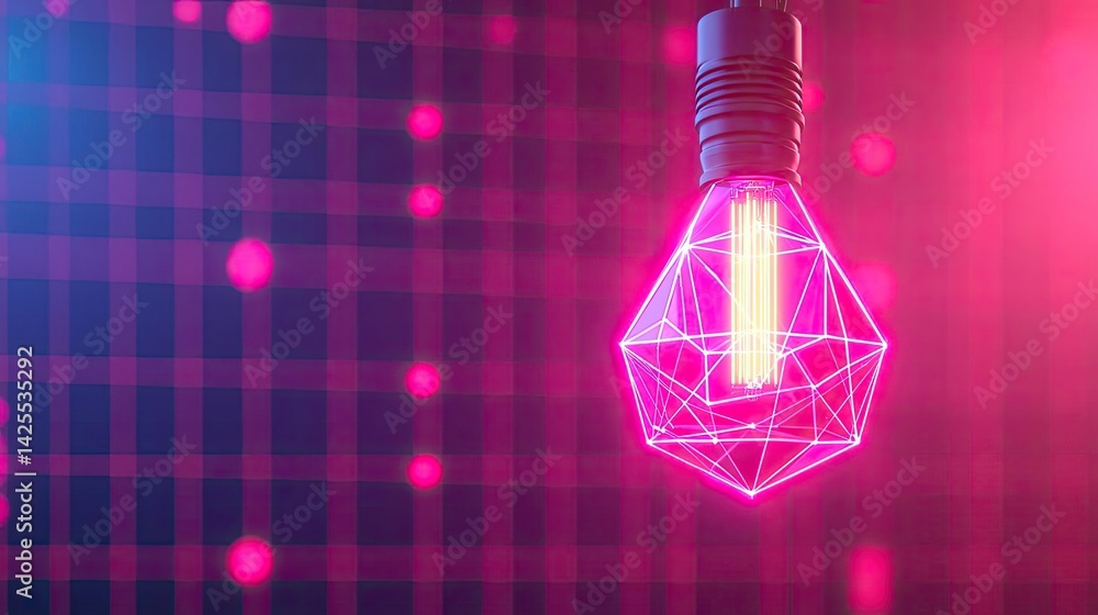Poster polygon lightbulb in futuristic blockchain lamp concept. futuristic neon light bulb with geometric d