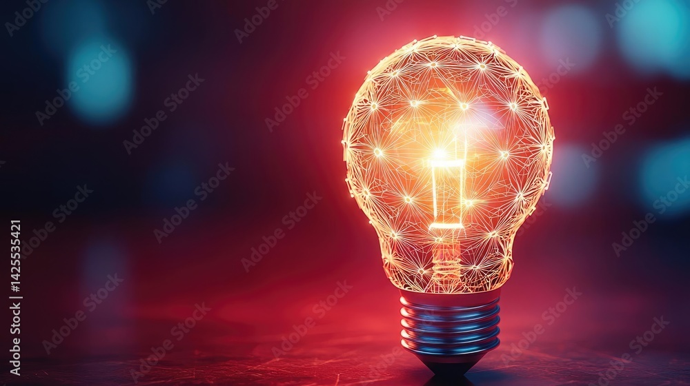 Poster polygon lightbulb in futuristic blockchain lamp concept. an illuminated light bulb glowing with vibr