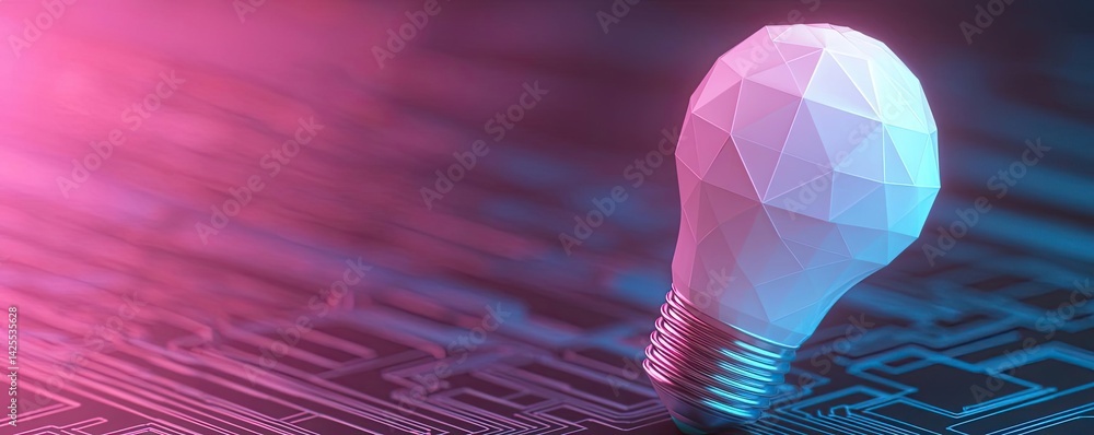 Poster polygon lightbulb in exchange network technology concept. a modern light bulb concept on a digital c