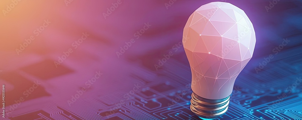 Poster polygon lightbulb in exchange network technology concept. abstract light bulb on digital circuit bac